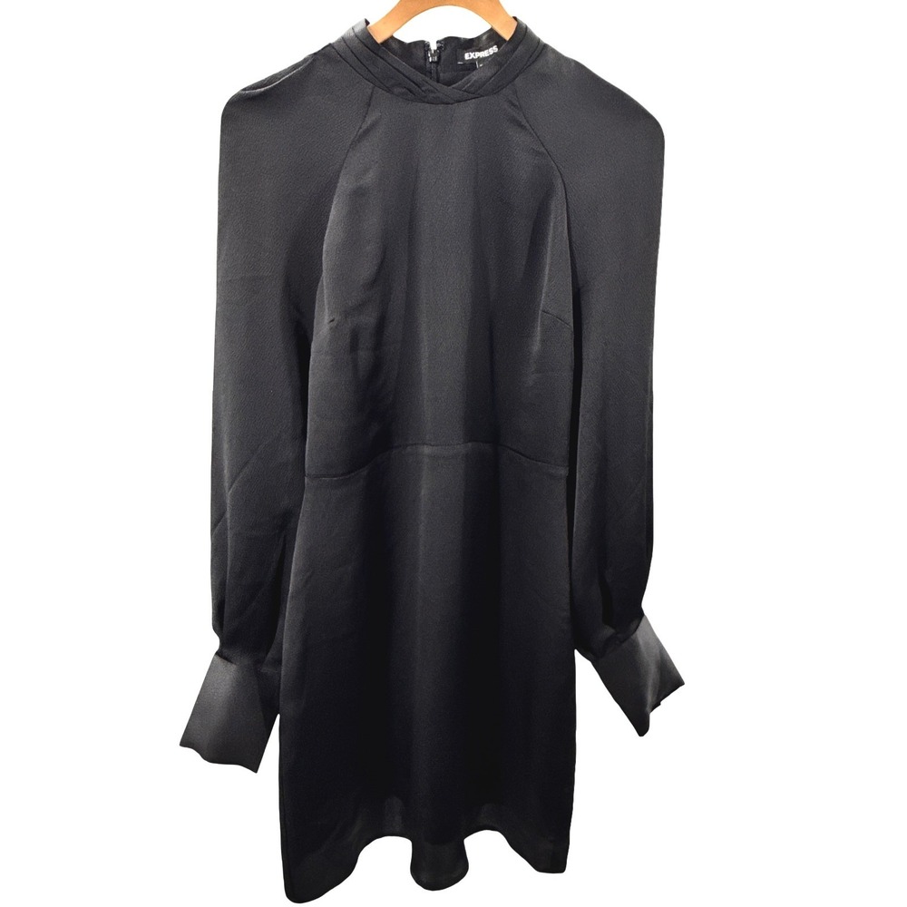 Express Women Black Satin Mock Neck Mini Dress Long Sleeve Size S NWT